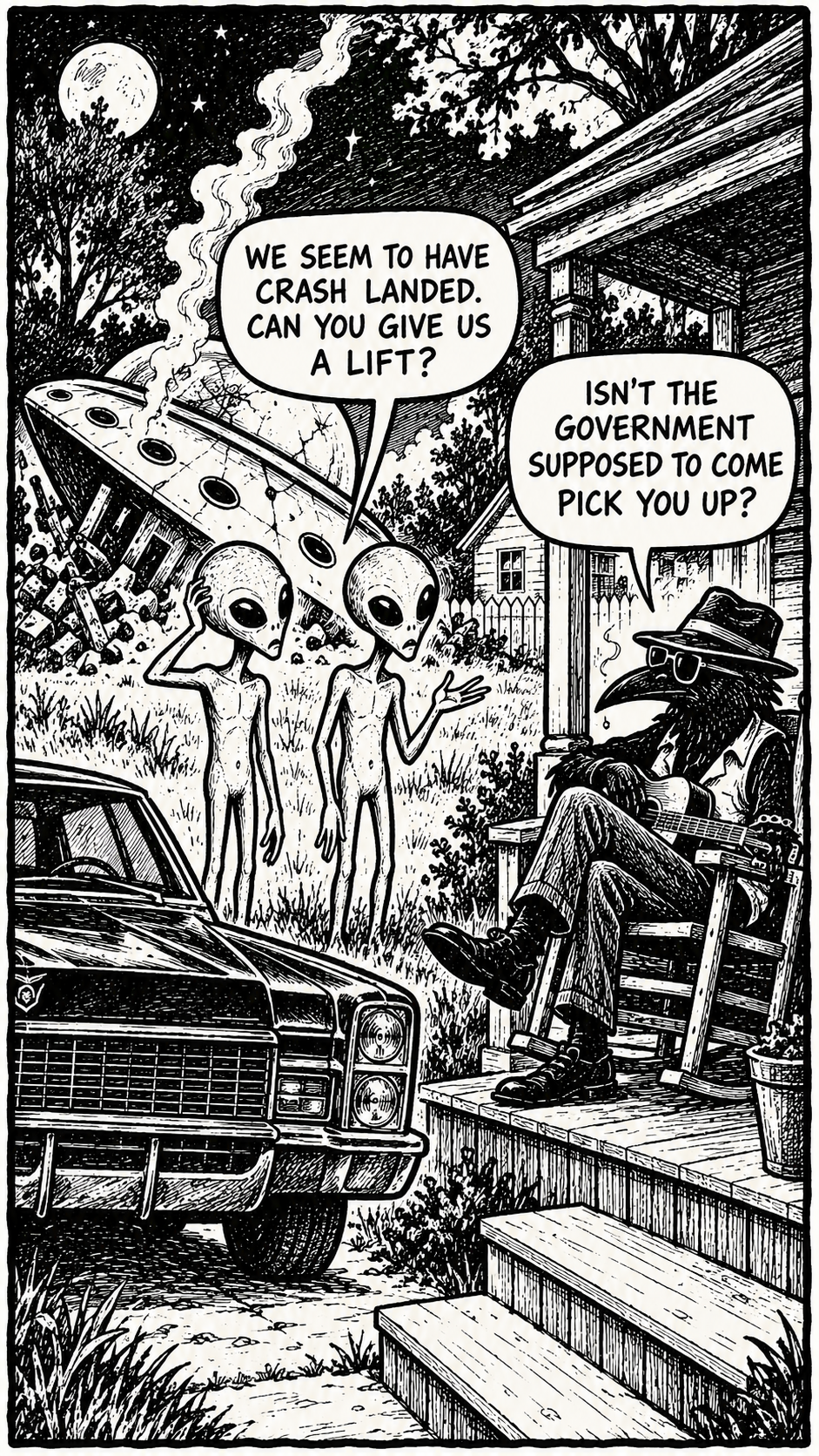 crow joe in the age of ai comic - the grays, stereotypical aliens, have crash landed in crow joe the blues playing crow's front yard.  they say "we seem to have crash landed. can you give us a lift?" crow joe responds "isn't the government supposed to come pick you up?" a crashed ufo is in the background and crow joe's bluesmobile car is in the driveway.  this is a reference to the david grush reported uap crash retrieval program.  disclosure is happening during the age of ai.